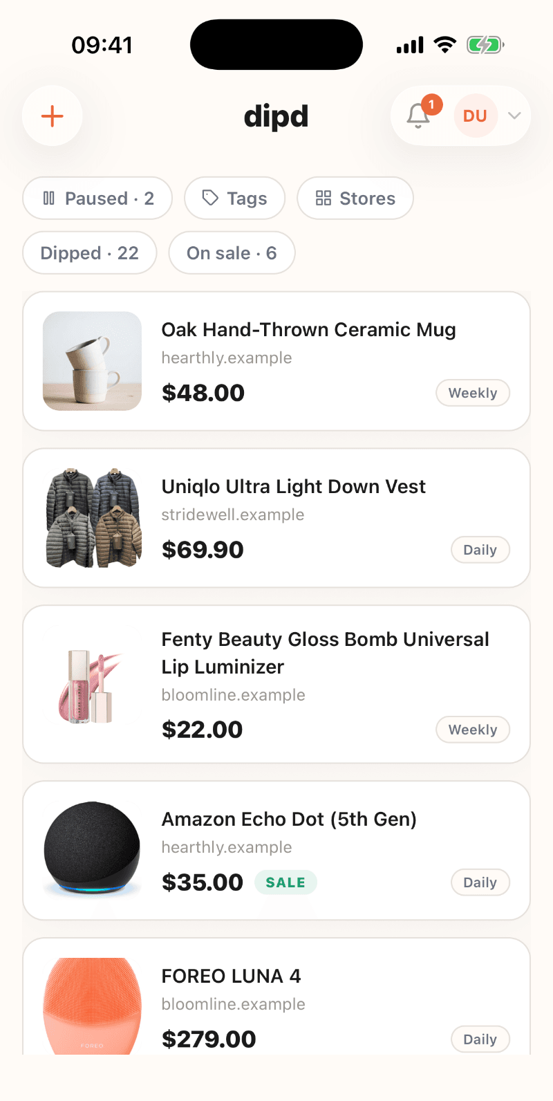 The dipd iOS app dashboard listing tracked products with prices, check schedules, and a sale badge