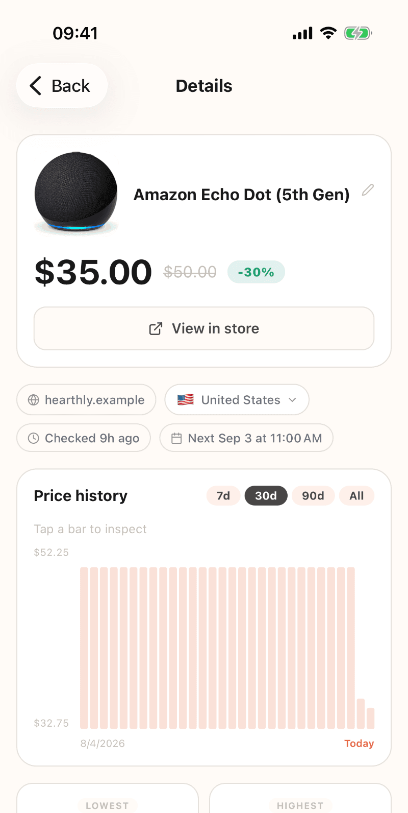 A product detail screen in the dipd iOS app showing the current price, a 30 percent drop chip, and a 30 day price history chart