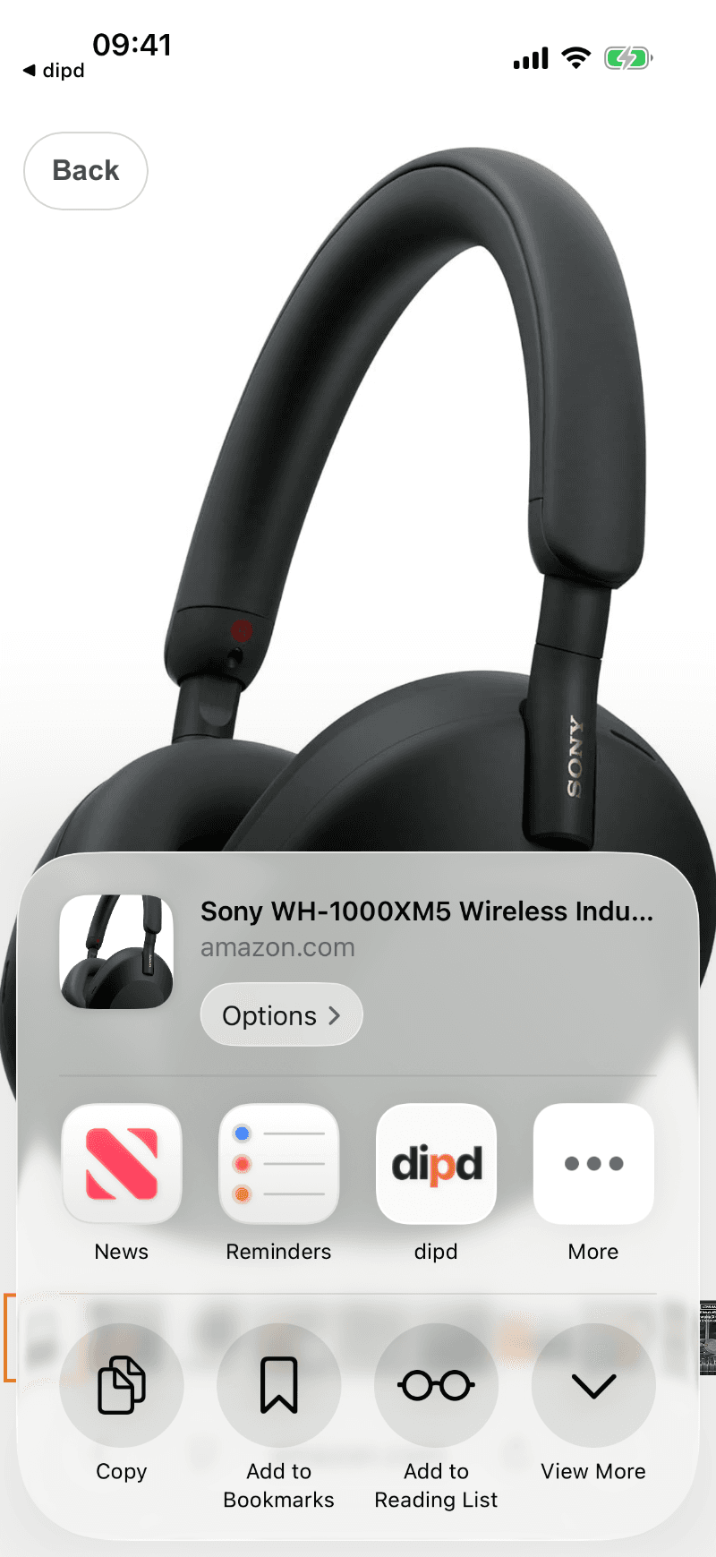 The iOS share sheet on an Amazon product page with the dipd app shown in the app row
