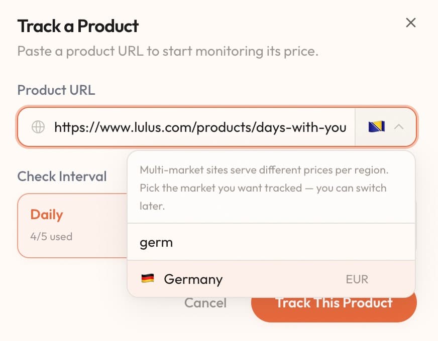dipd's Track a Product dialog with a lulus.com URL pasted and the region picker open, searching for Germany with the EUR currency shown