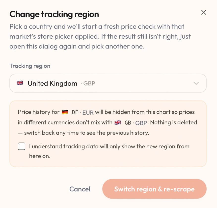 dipd's Change tracking region dialog with United Kingdom selected and a notice explaining that German price history will be hidden, not deleted