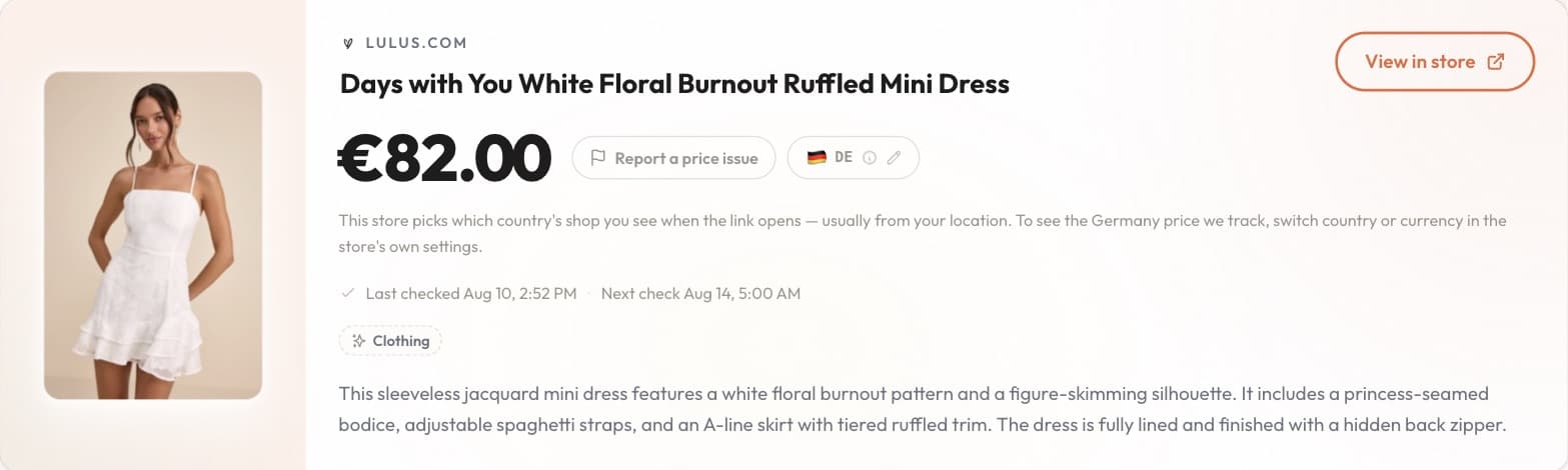 dipd product page for the lulus dress showing €82.00 with a German flag region pill next to the price