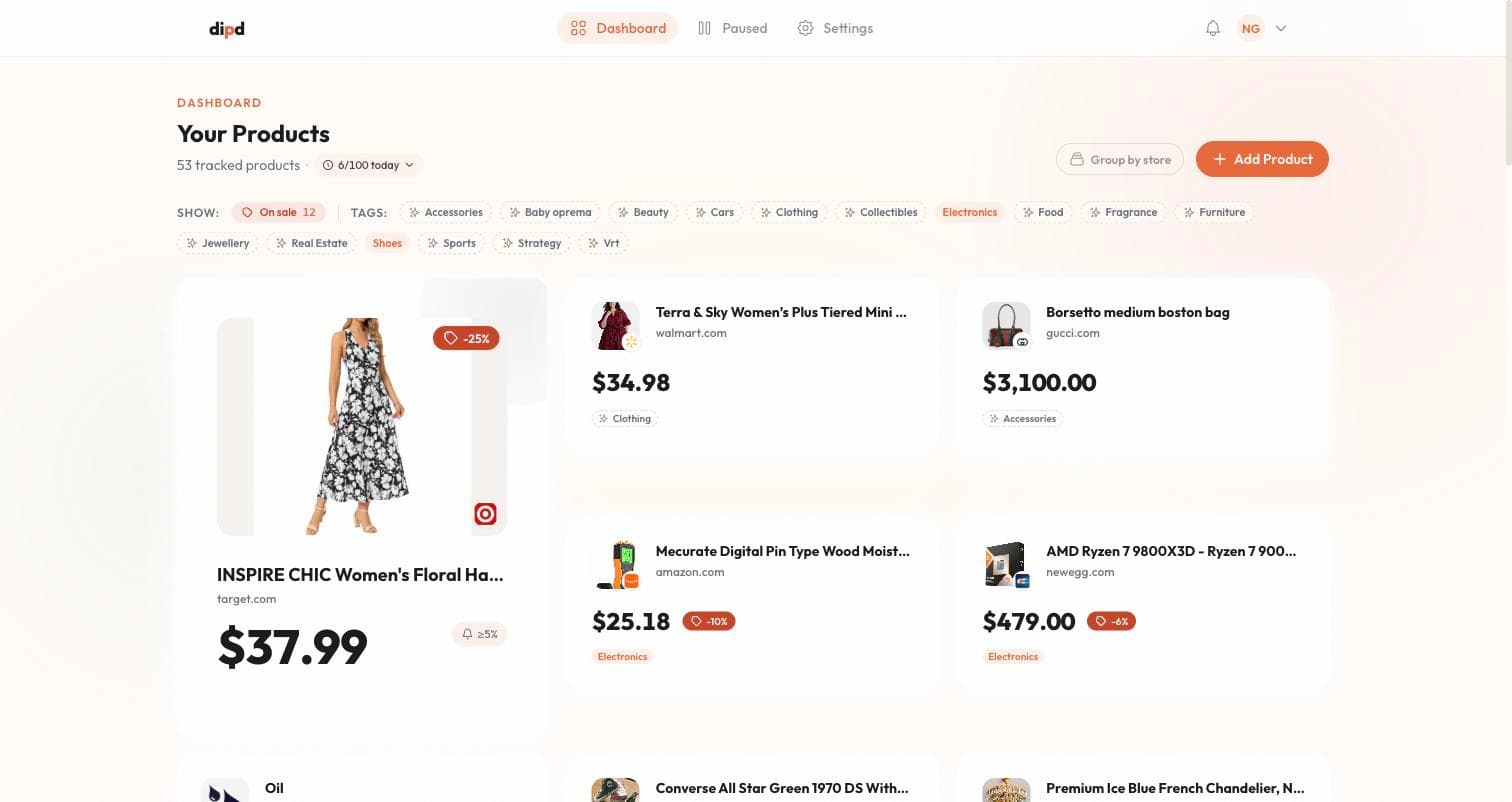 dipd dashboard showing products tracked across Target, Walmart, Gucci, Amazon, Newegg and more, several with price-drop badges